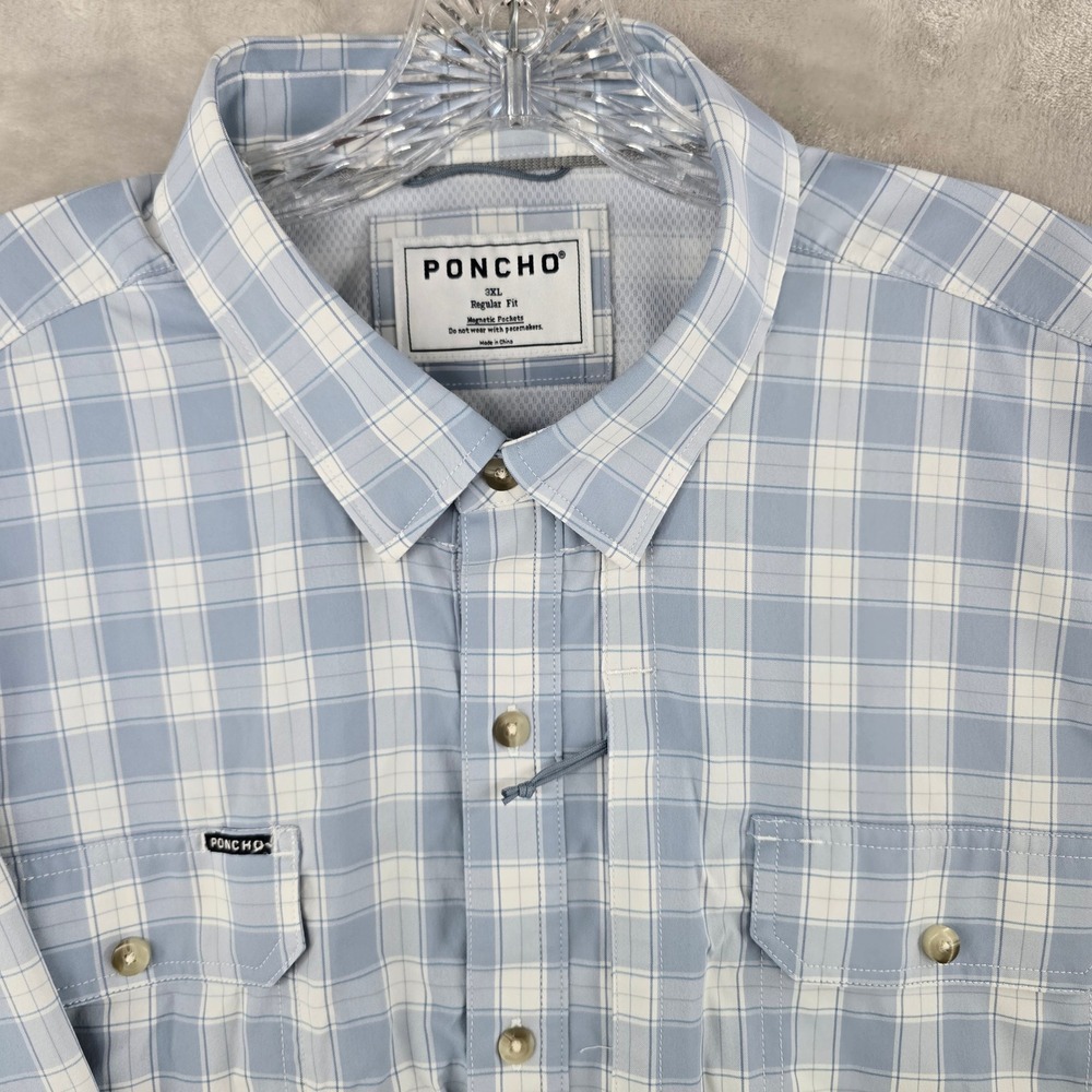 Poncho Shirt Mens 3XL Blue Plaid Short Sleeve Magnetic Pockets Regular Fit